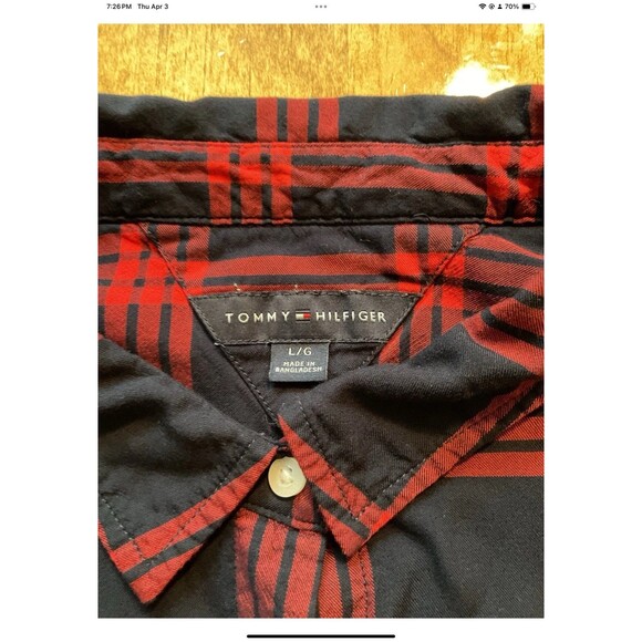 Tommy Hilfiger Womens Button Up Shirt Size Large Red Blue Plaid Roll Tab Sleeve - Picture 4 of 6
